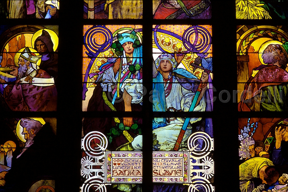 Stained-Glass Windows with Art Nouveau Mucha Designs in St. Vitus Cathedral, Prague, Czech Republic
 (cod:Prague 10)